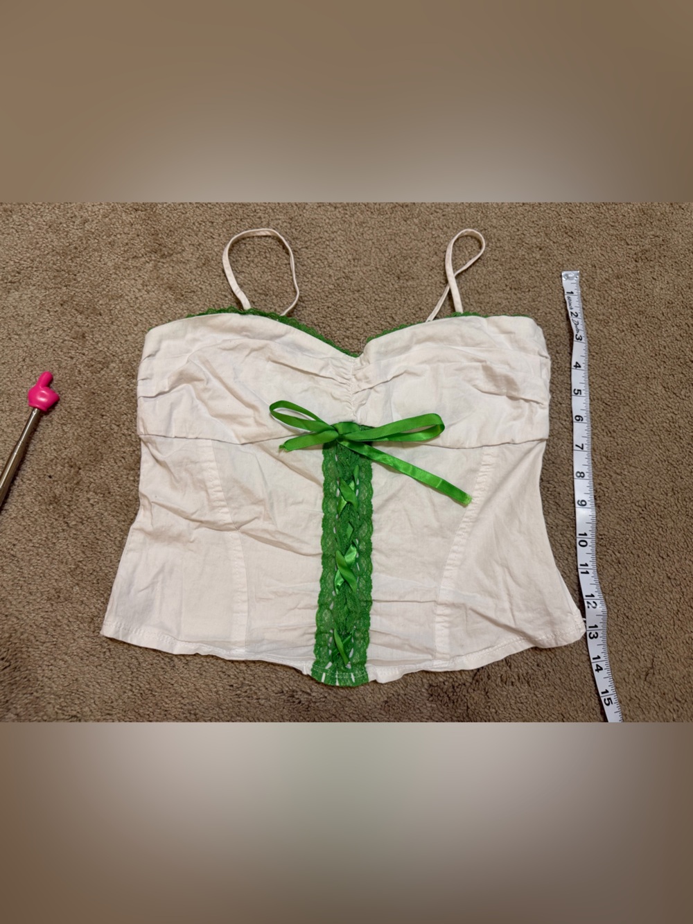 Tempted Cream Lace-Trim Cami with Green Ribbon